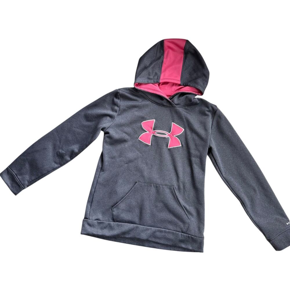Under Armour Girls Gray Pink Logo Fleece Pullover Hoodie Size Youth XL